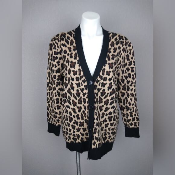 alice + olivia Bradford Grandpa Leopard Wool Blend Cardigan Sweater Size Medium - Picture 2 of 16